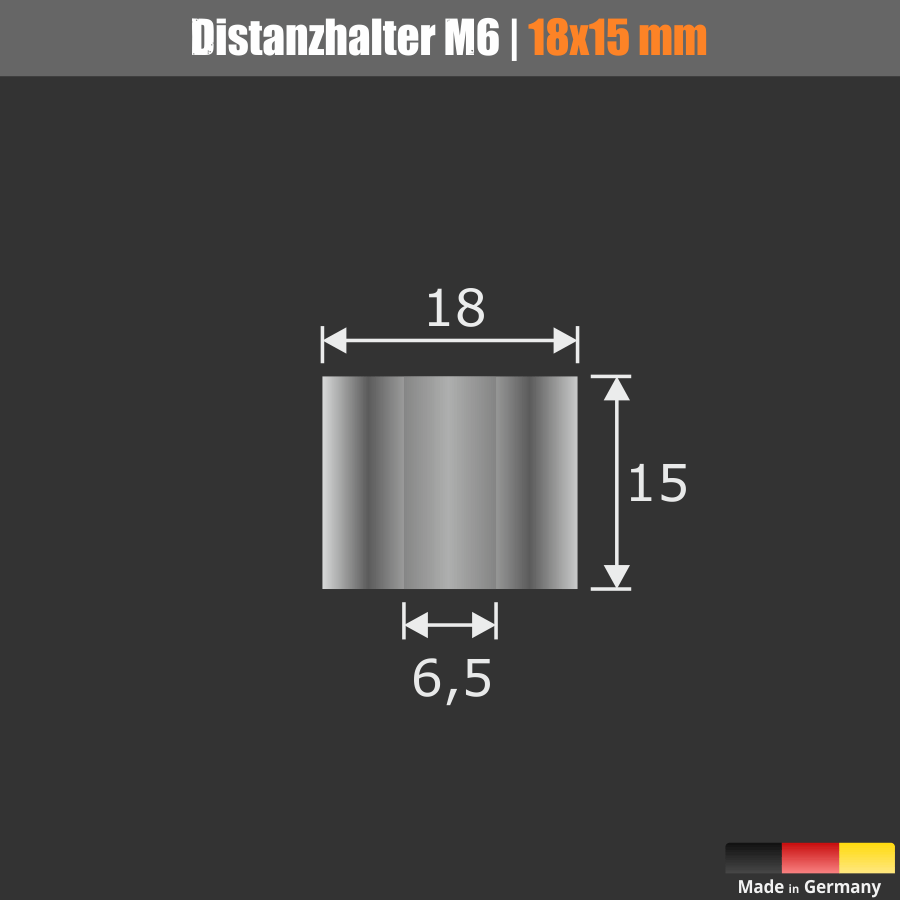 Distanzstück M6 Messing matt Skizze mit Maßen auf dunklem Untergrund