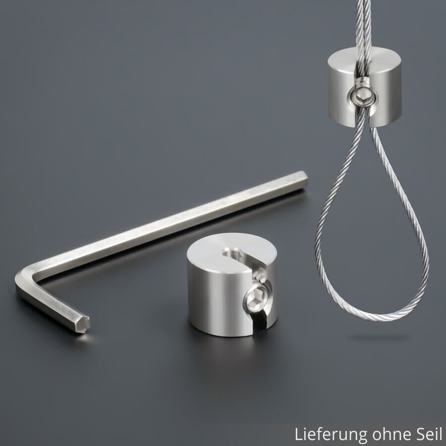 Seilklemme Draht Seilstopper Klemmstopper Edelstahl V2A stehend auf dunklem Untergrund mit abbgebildetem Verwendungszweck