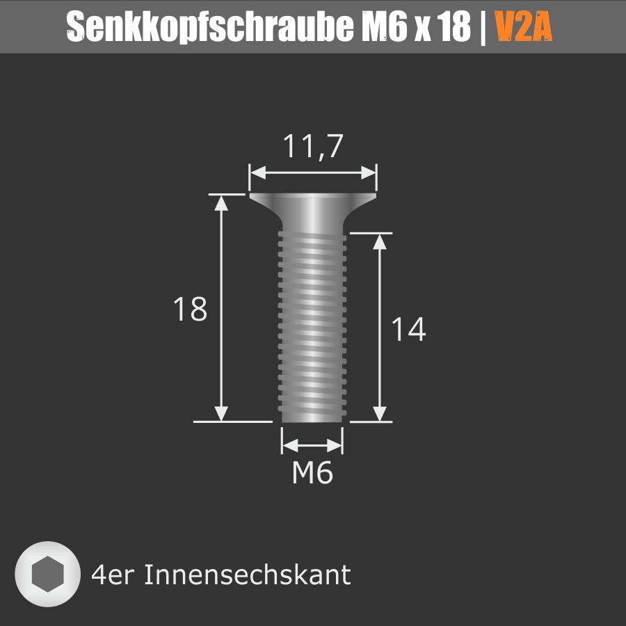 Senkschraube Innensechskant Vollgewinde DIN 7991 A2 M6x18 | Edelstahl Skizze mit Maße