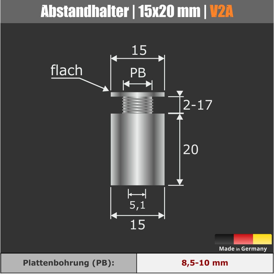 Abstandshalter mit schraubbarem Kopf aus Edelstahl Skizze vor einfarbigem grauen Hintergrund