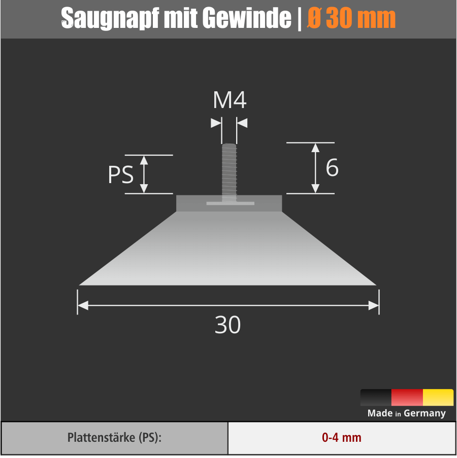 Saugnapf Ø30 mm Gewinde M4x6 mm Skizze mit Maßen