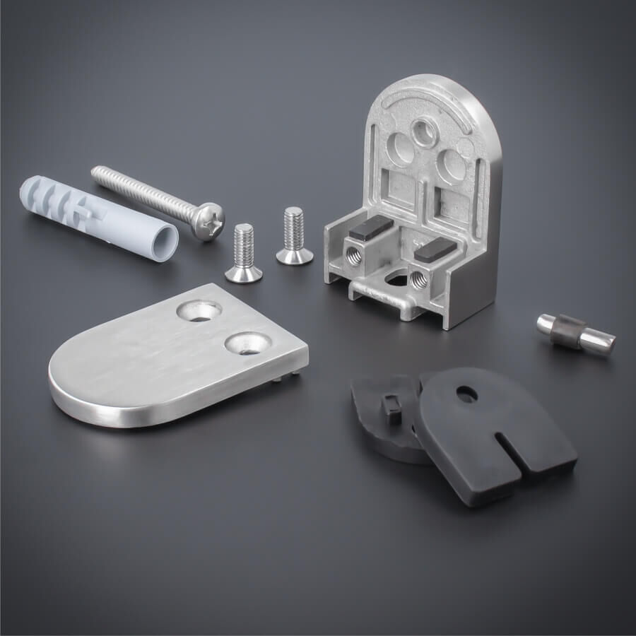 Glashalter mit Sicherungsstift V2A 63x45mm Lieferumfang auf dunklem Untergrund