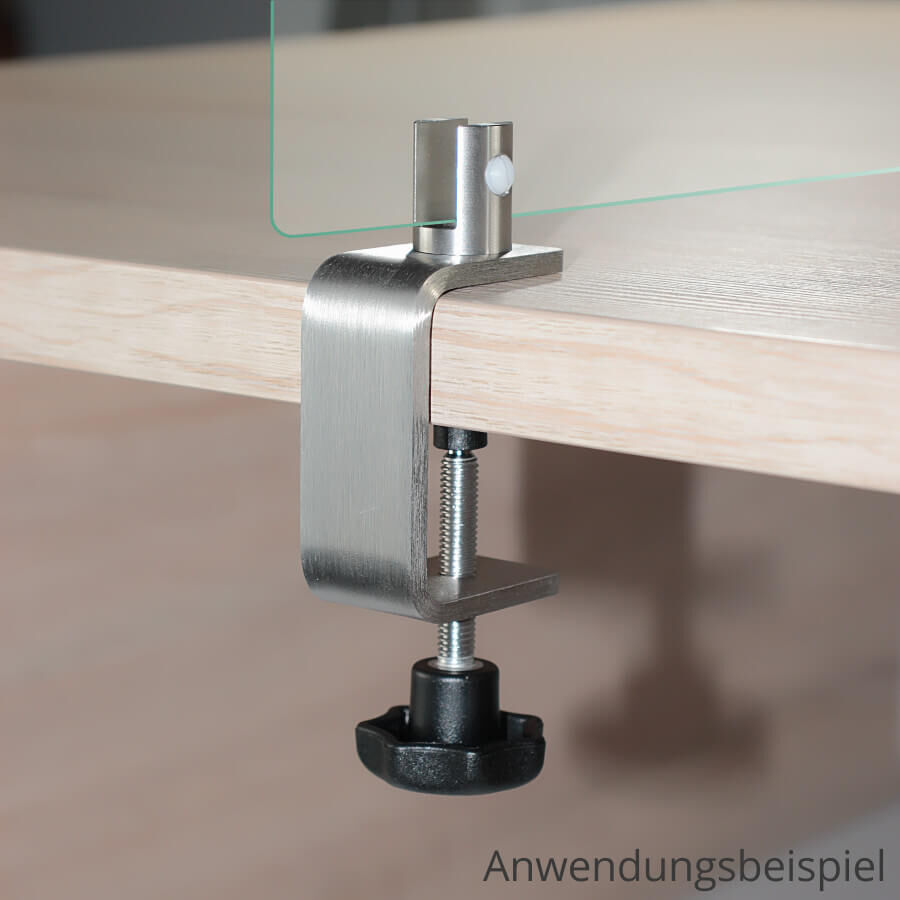 Tischklemme Spuckschutz Trennwand Edelstahl komplett montiert an einem Tisch