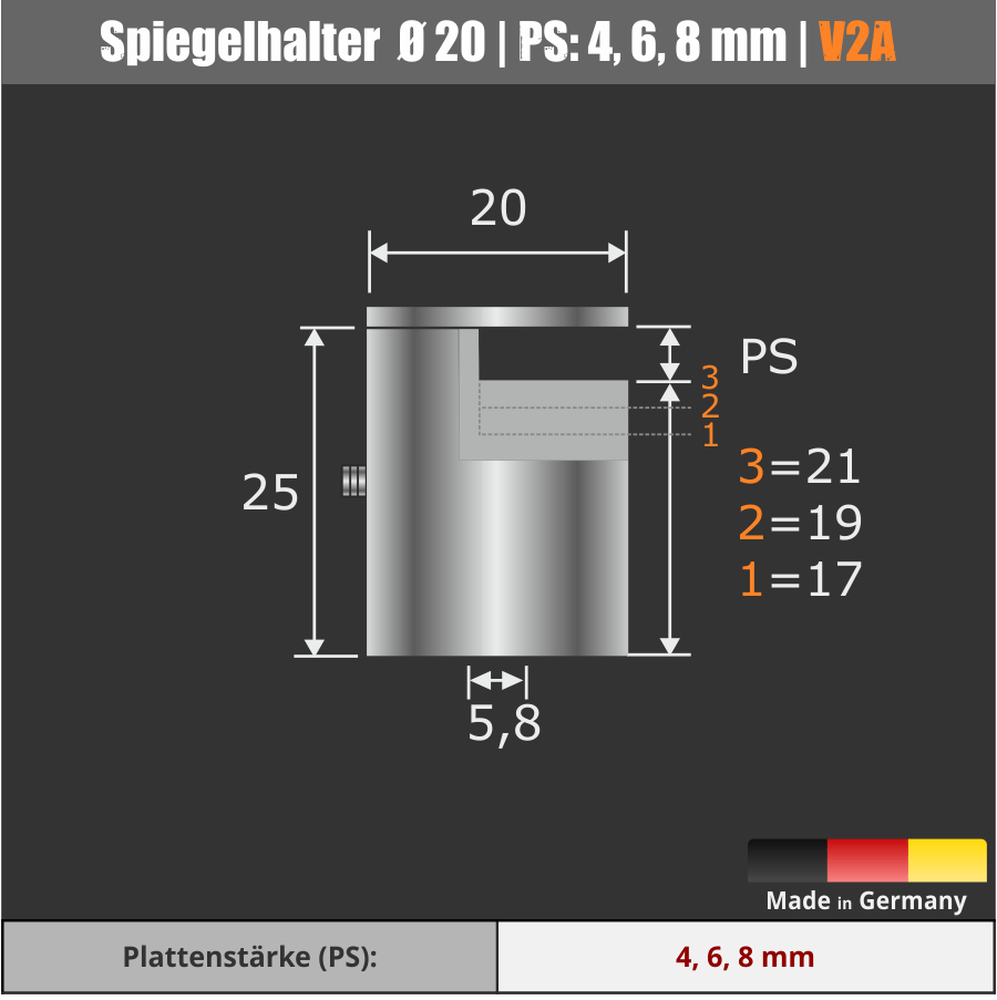 Spiegelhalter Edelstahl Ø: 20 mm Skizze mit technischen Daten