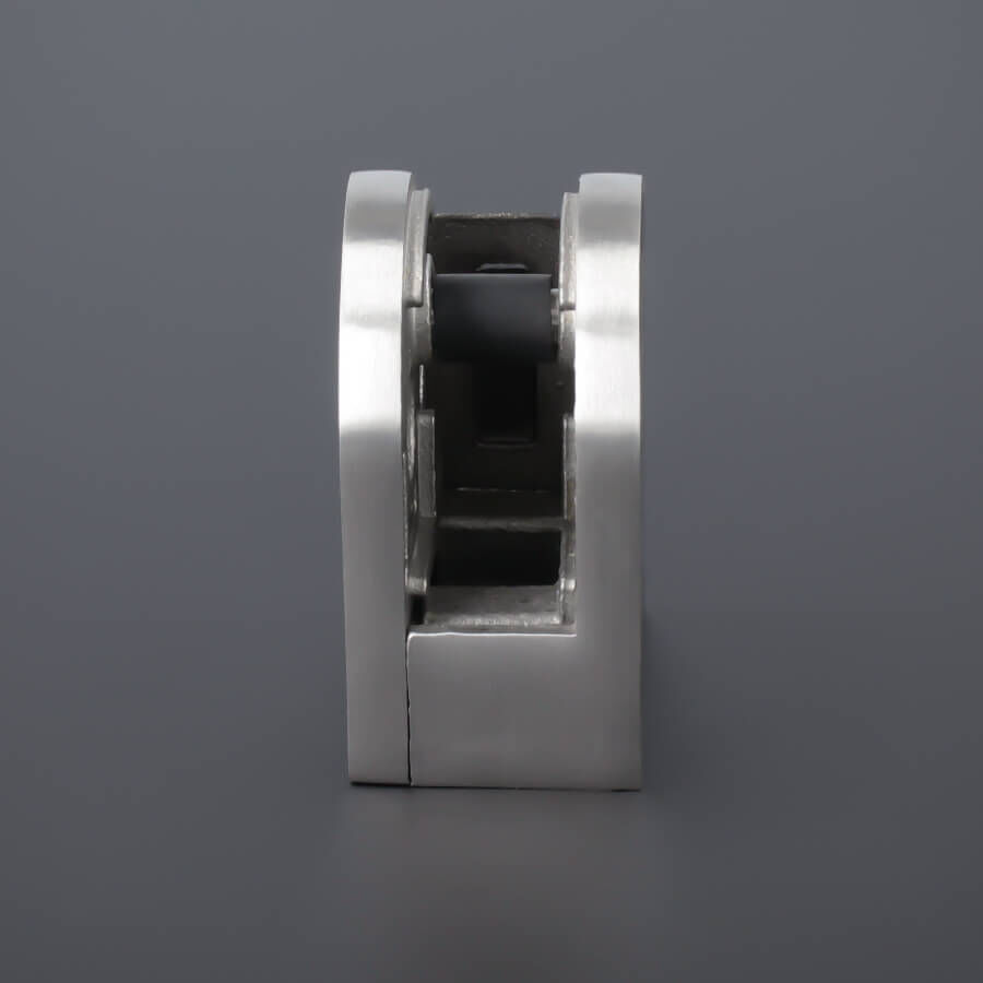 Glashalter Sicherungs-Platte+Stift V2A 50x40mm stehend auf dunklem Untergrund