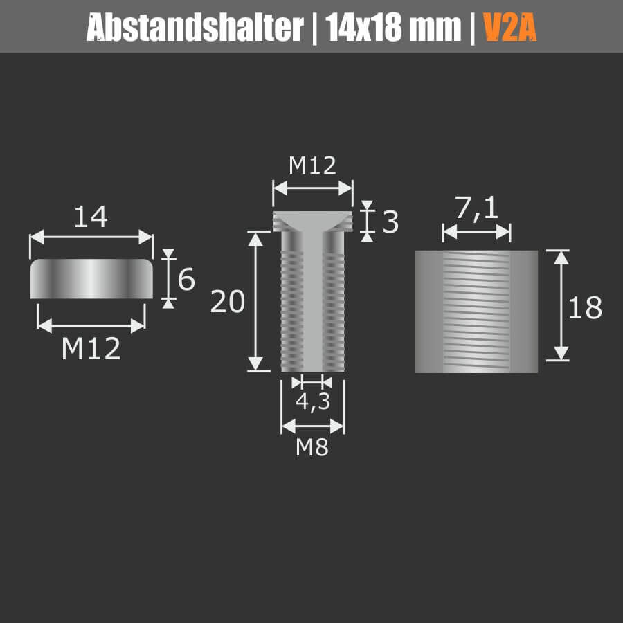 Abstandshalter V2A vormontierbar schraubbar Skizze auf schwarzem Untergrund
