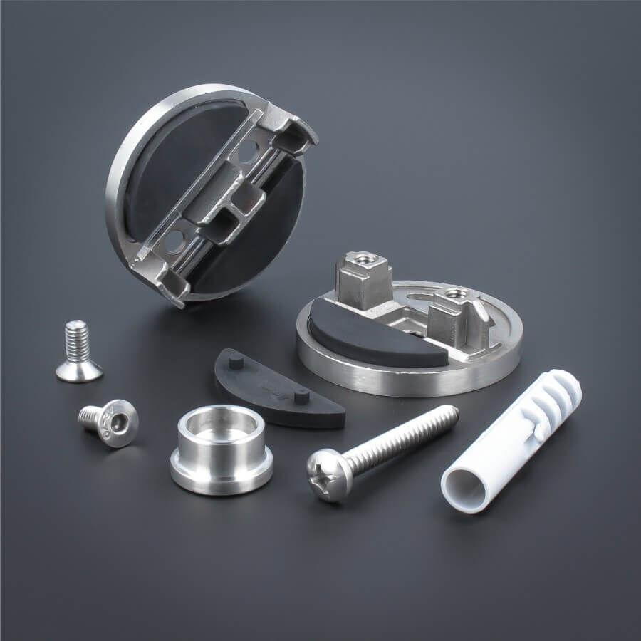 Glashalter Edelstahl rund Ø60mm beidseitig front Wandmontage Lieferumfang auf dunklem Untergrund