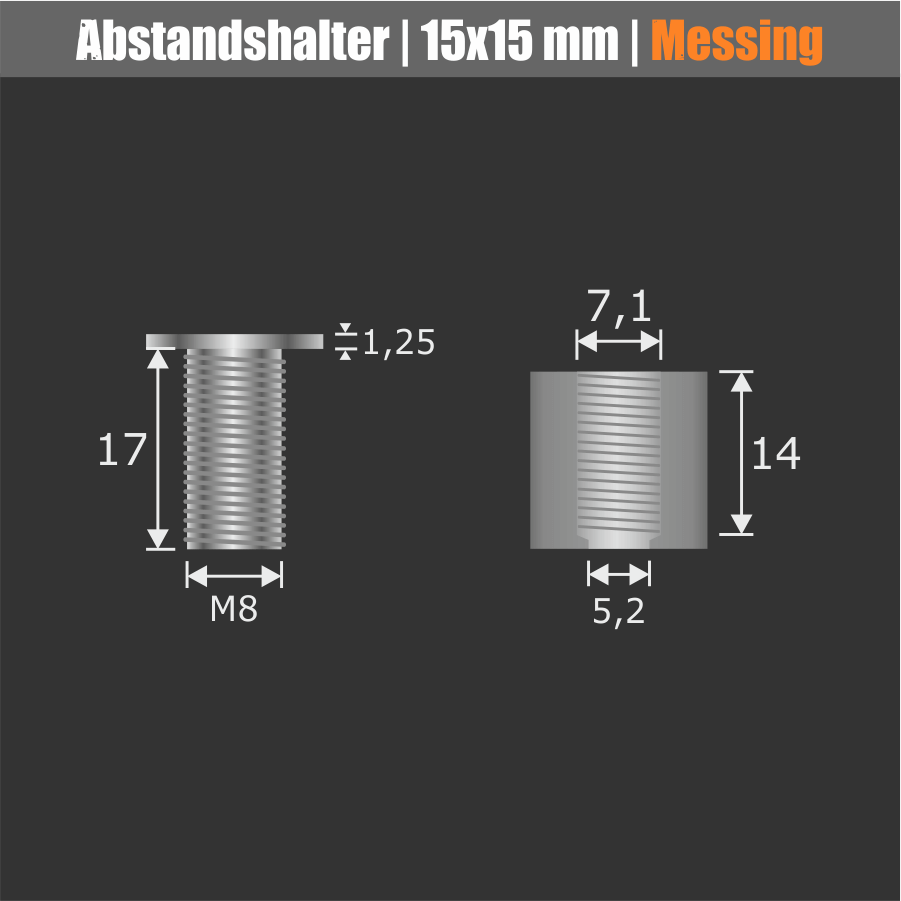 Abstandshalter schraubbar Messing Ø15 mm Skizze mit Abmessungen demontiert mit schwarzen Hintergrund