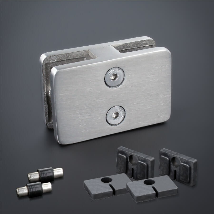 Steckverbinder 180° | mit Sicherung | PS: 6-10,76 mm Glashalter Steckverbinder Edelstahl stehend auf dunklem Untergrund