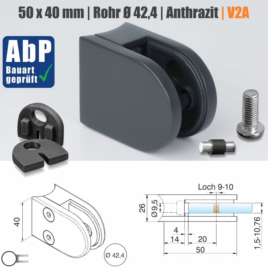 Glashalter Edelstahl V2A 50 x 40 mm anthrazit RAL7016 halbrund Skizze mit Maße