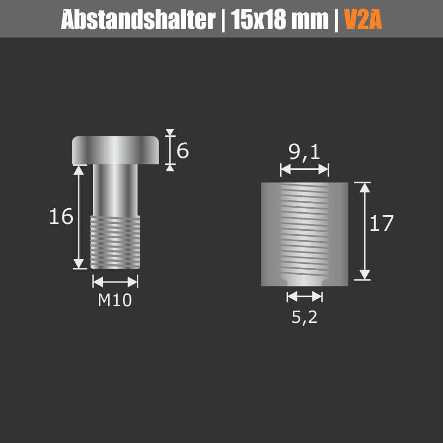 Abstandshalter V2A schraubbar mit Madenschraube Zeichnung mit Maßen auf schwarzem untergrund