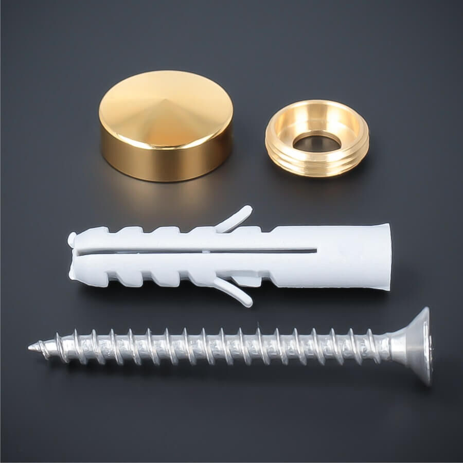 Zierkappe Edelstahl Gold 18mm angeschrägt Lieferumfang auf dunklem Untergrund