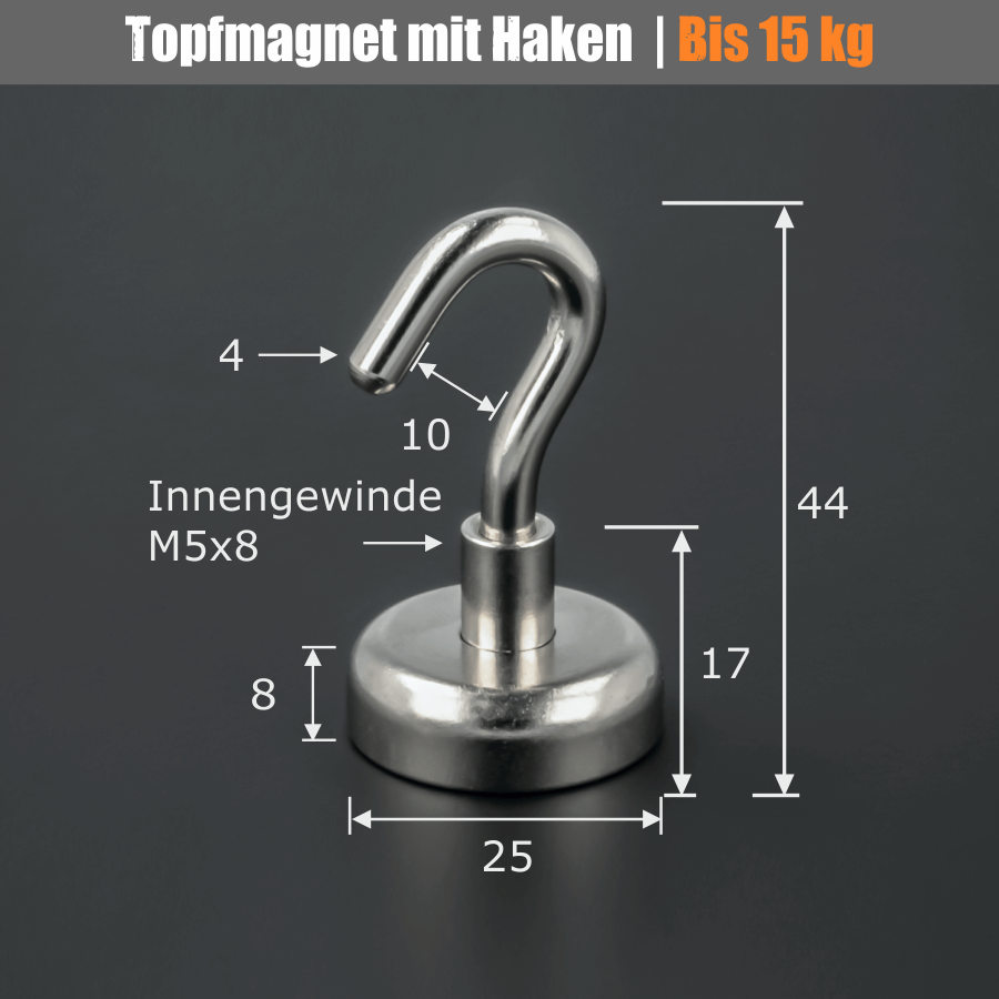 Topfmagnet mit Haken Ø 25mm Innengewinde M5x8mm Skizze mit Maße