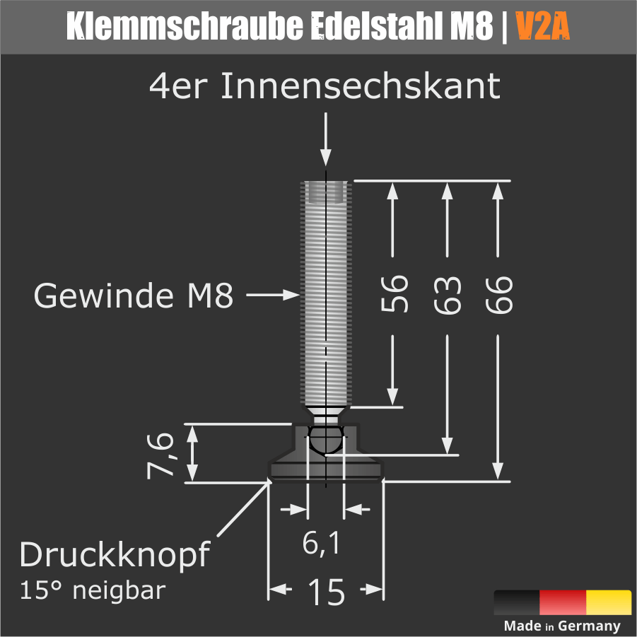 Tischklemme Spuckschutz Plexiglas Skizze der Klemmscgraube+Teller mit Maßen auf dunklem Hintergrund