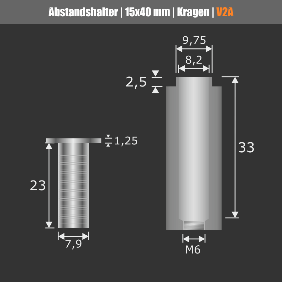 Abstandhalter Edelstahl Ø 15x40 mm Skizze der Wandhülse und des Kopfes  mit Maßen auf dunklem Hintergrund