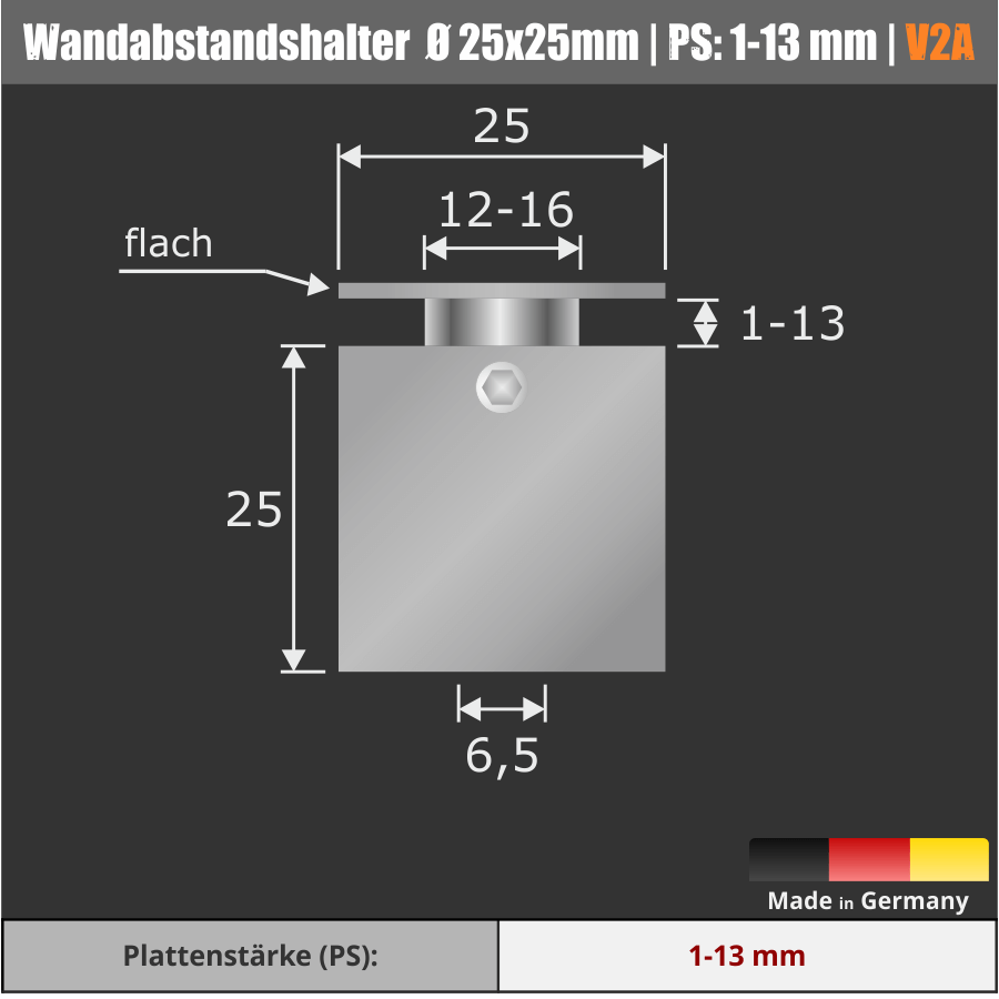 Wandabstandshalter viereckig Edelstahl V2A 25x25mm Skizze mit Maße mit schwarzen Hintergrund