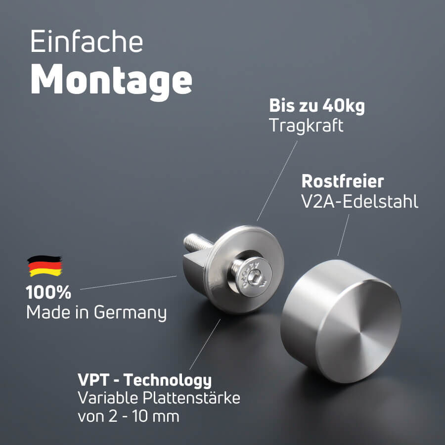 Glashalter Klemmhalter Edelstahl Ø25mm für schwere Platten Einzelteile auf dunklem Untergrund