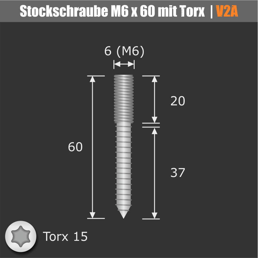 Glasbefestigung V2A Skizze der Stockschraube mit Maßen auf dunklem Hintergrund