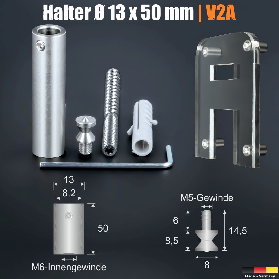 Schilderbefestigung verdeckte Montage Ø13x50mm Übersicht mit Abmessungen