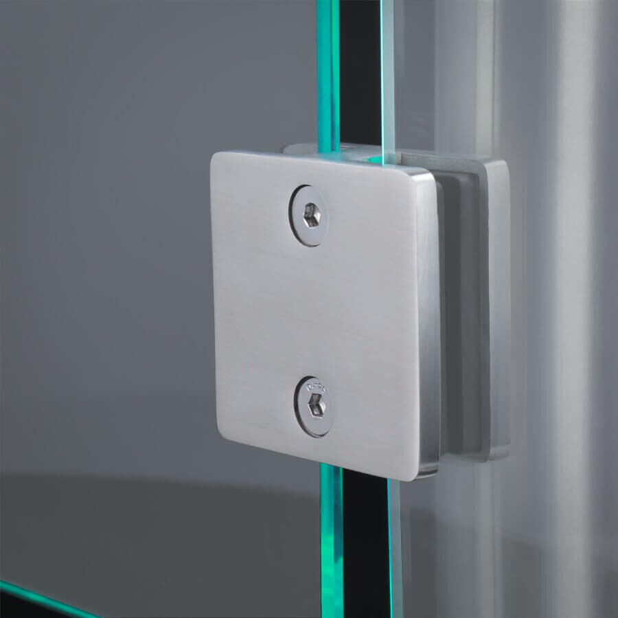 60 x 60 mm | beidseitig | Pfosten Ø42,4 mm Glashalter Edelstahl eckig 60 x 60 mm beidseitig montiert mit zwei Scheiben an Rundpfosten