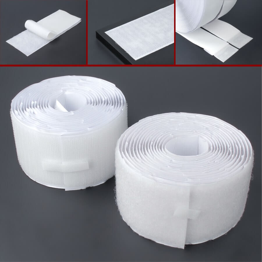 Klettband Flausch Haken Set in 20 mm breite 3m oder 25m Gruppenbild auf dunklem Untergrund