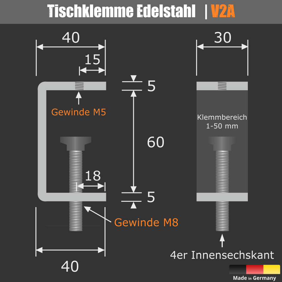Tischklemme Edelstahl 1-50mm Spuckschutz Abtrennung Skizze des Winkels mit Bemaßung auf dunklem Hintergrund