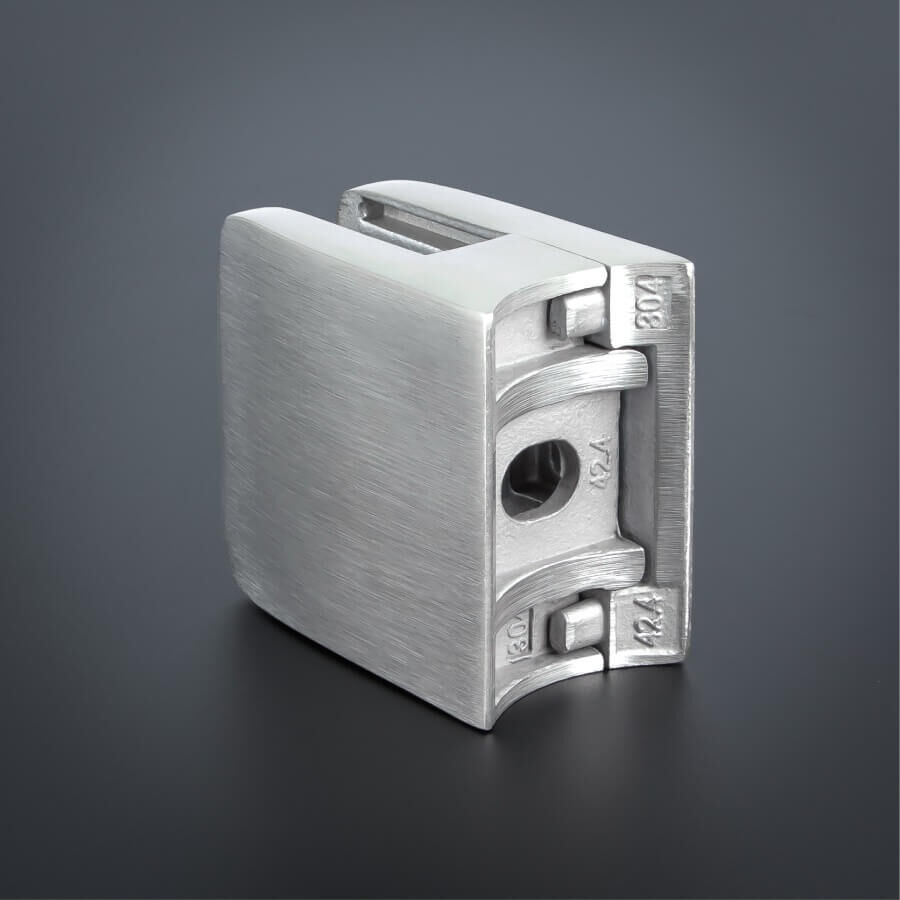 Glashalter 52x52 mm V4A + Sicherung eckig stehend auf dunklem Untergrund 