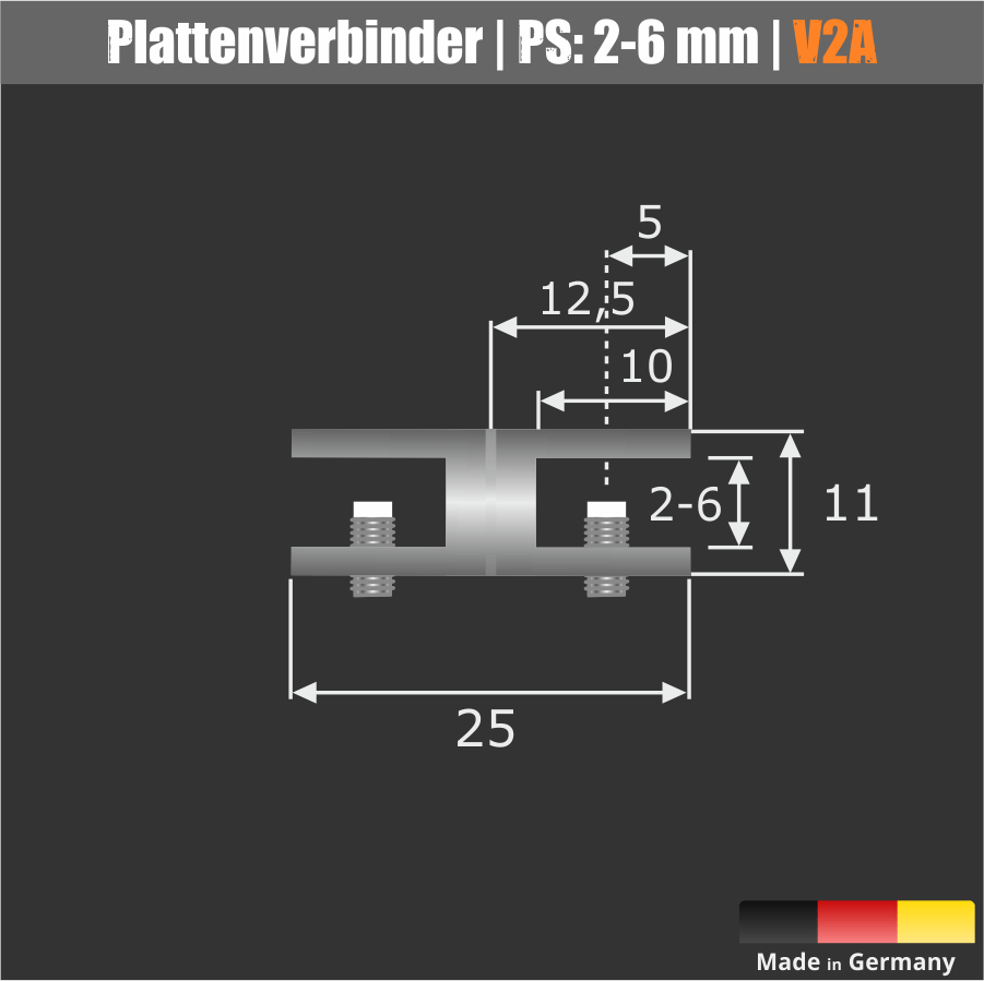 Plattenverbinder Edelstahl Plattenklemme Skizze mit Maßen auf dunklem Untergrund