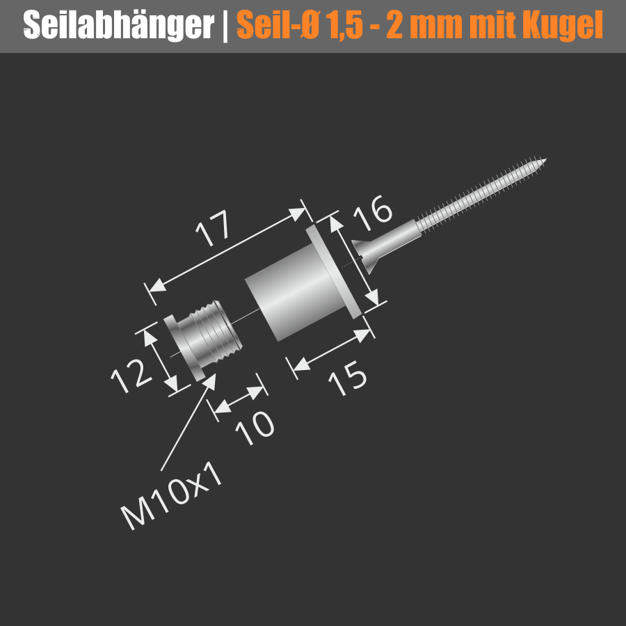 Seil Deckenbefestigung Seilabhänger für Kugelseil 1,5-2 mm | weiß Skizze mit Maße