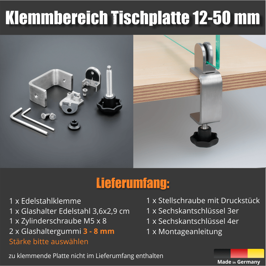 Tischklemme Edelstahl Spuckschutz Lieferumfang Übersicht