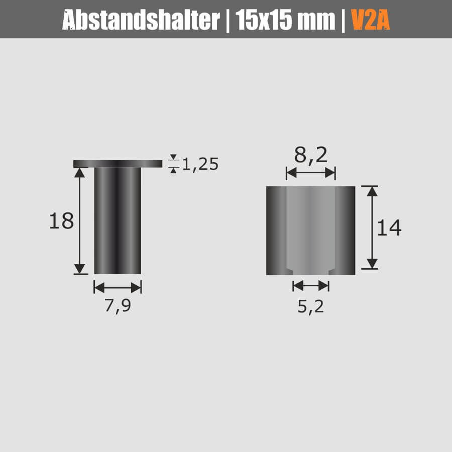 Edelstahl Abstandshalter V2A Ø 15  mm Schwarz technische Zeichnung auf hellem Hintergrund