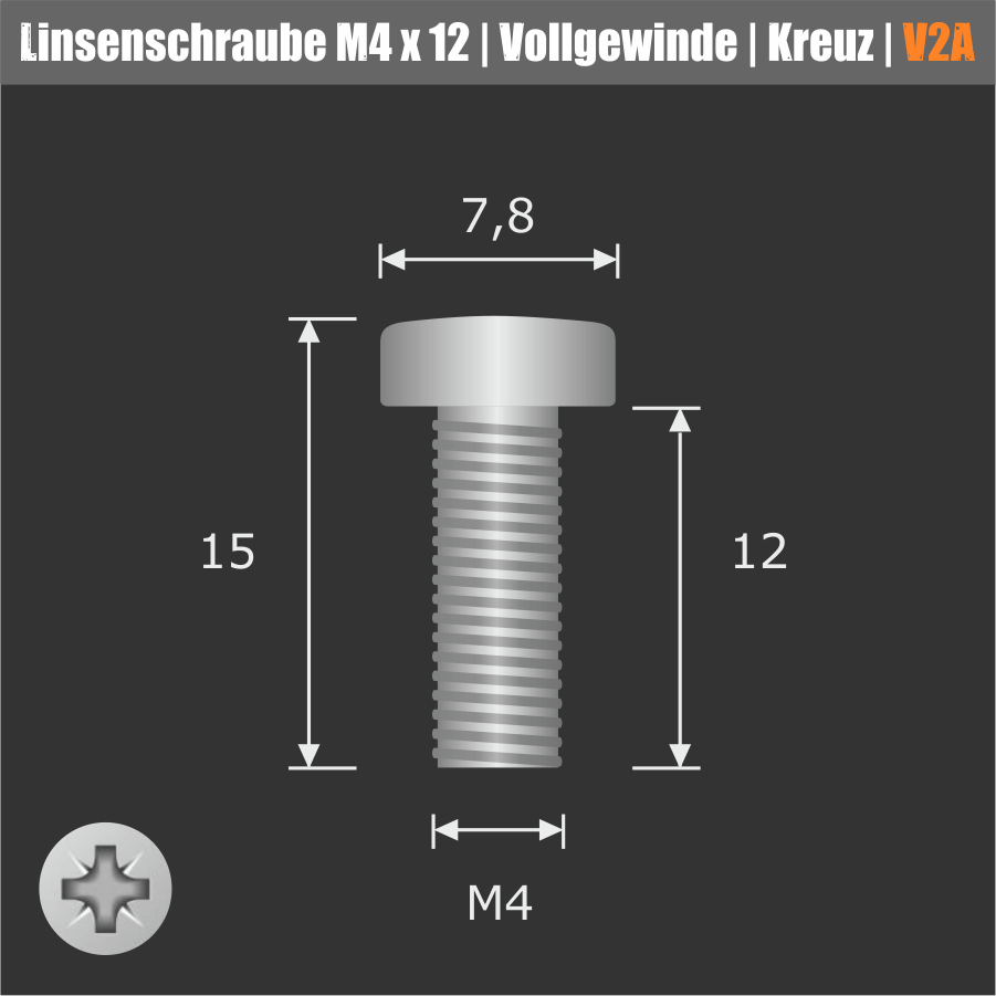 Gewindefurchende Linsenschraube Vollgewinde M4x12 | Kreuz | Edelstahl Skizze mit Maßen auf dunklem Untergrund