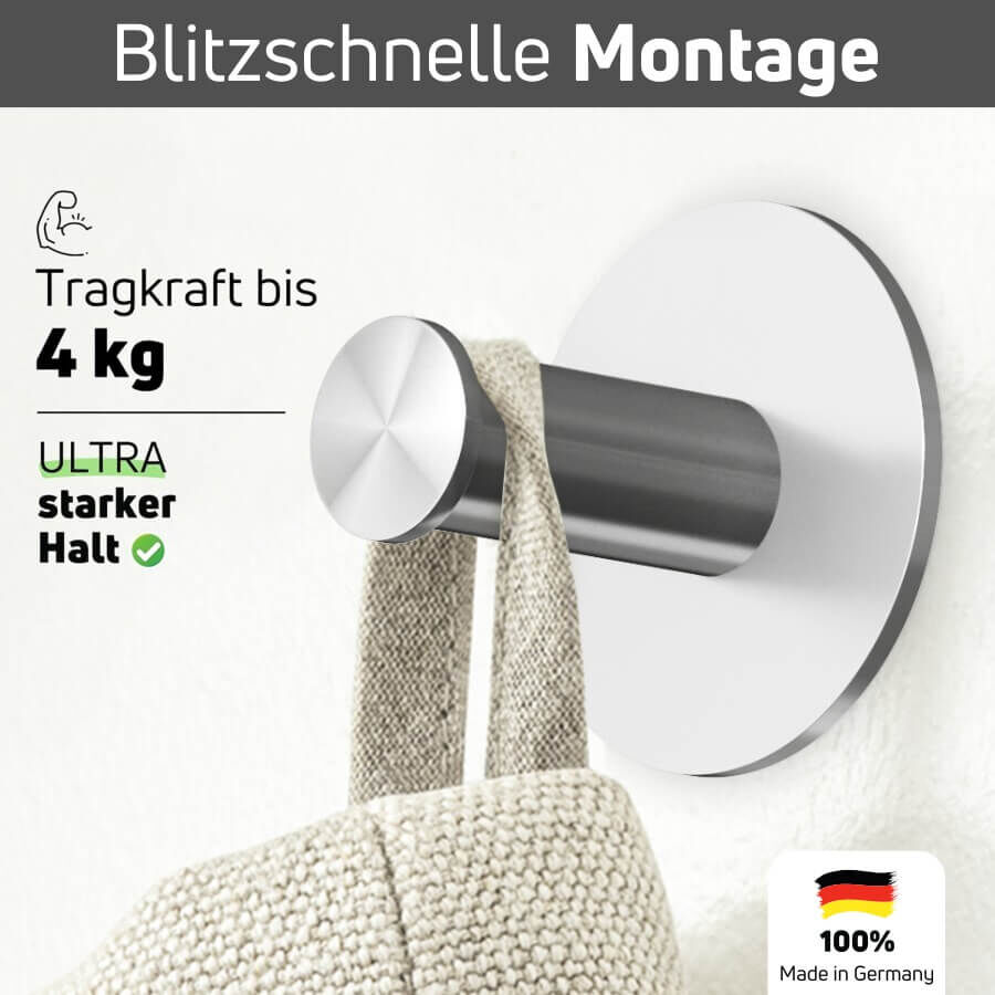 Kleiderhaken Handtuchhalter Edelstahl selbstklebend mit Handtuch an der Wand montiert + Tragkraft