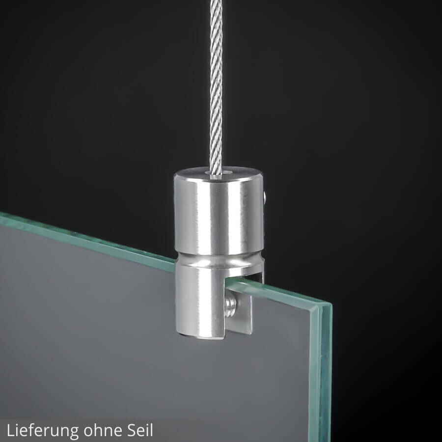 Plattenhalter aus Edelstahl für die Seilbefestigung mit geklemmter Glasplatte vor schwarzen Hintergrund