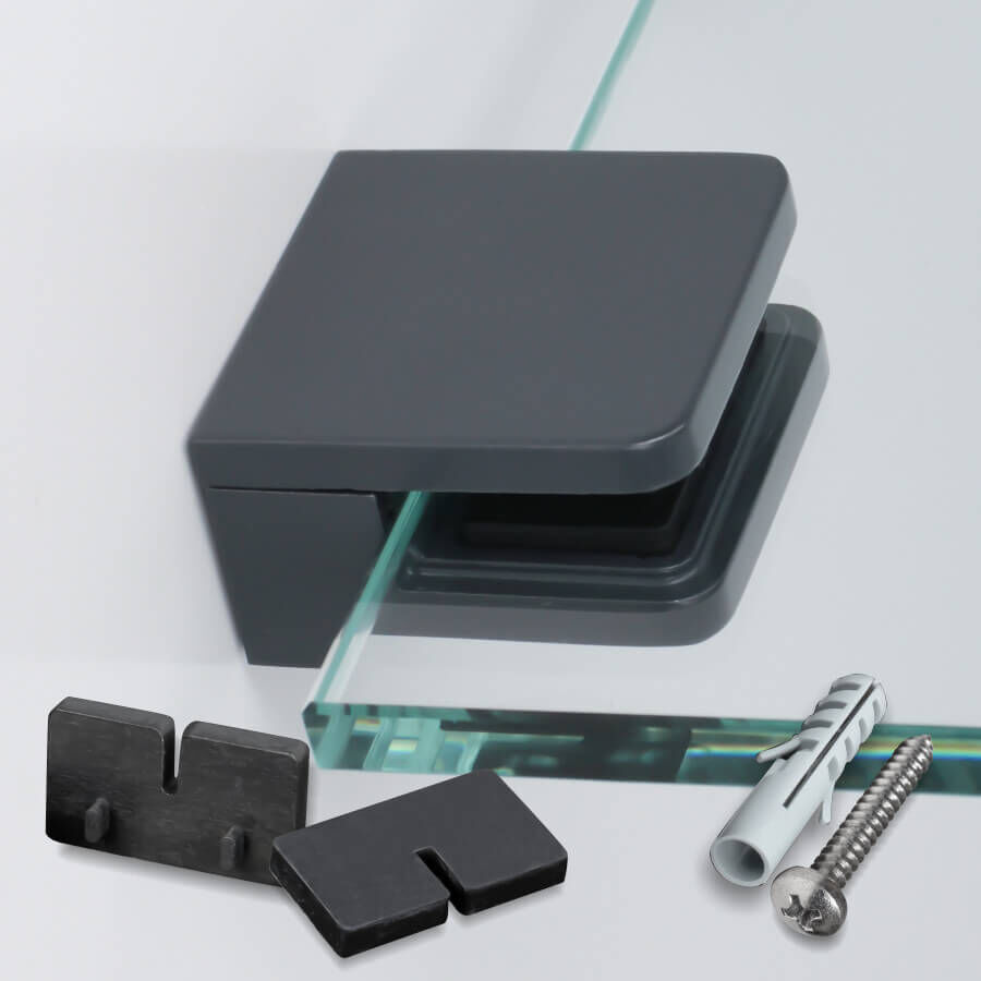 Glashalter Edelstahl anthrazit RAL7016 eckig 45x45 mm montiert an heller Wand