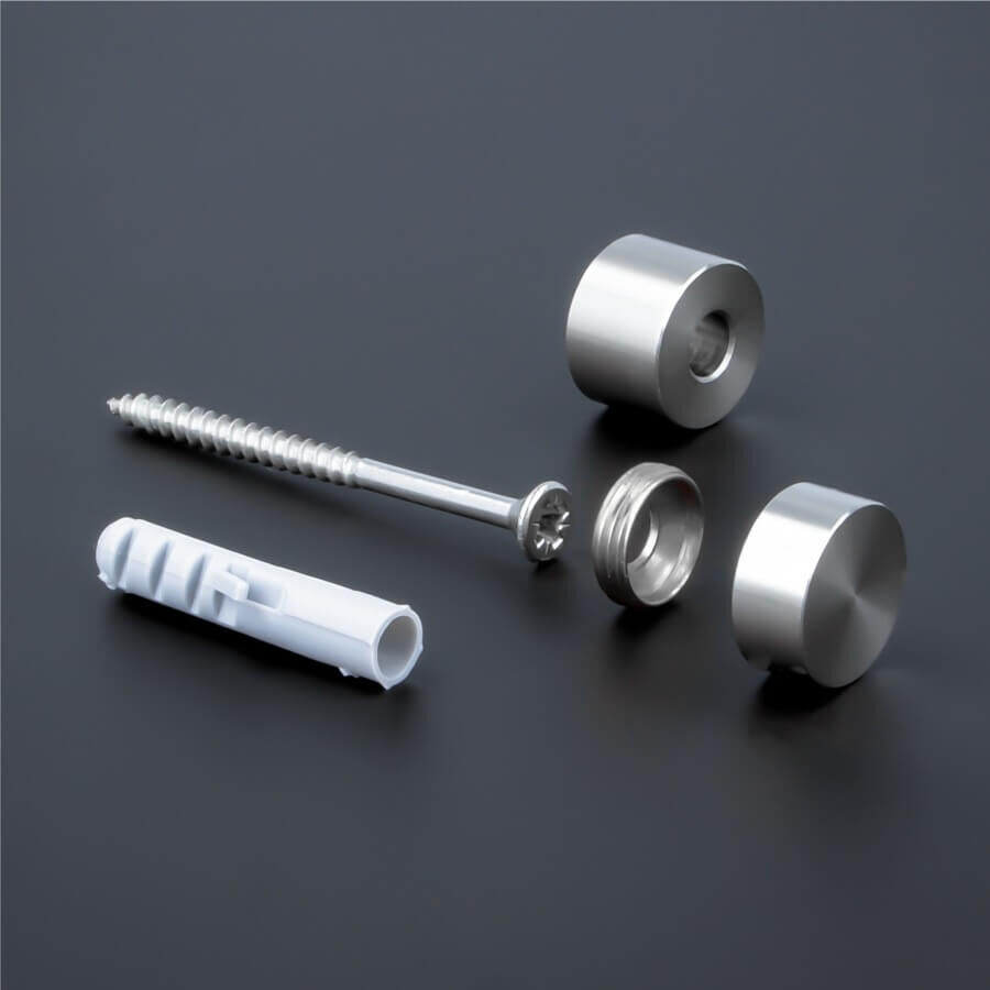 Schilderbefestigung Edelstahl V2A Ø 15x10mm Zusammenstellung auf dunklem Untergrund