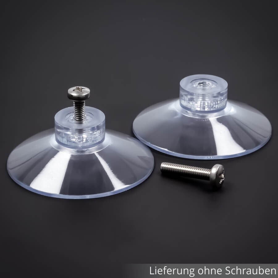 Saugnäpfe Ø 50 mm liegend auf dunklem Untergrund einer mit Schraube und einer daneben liegend