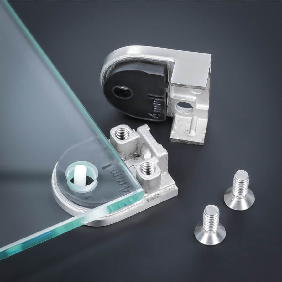 Glashalter+Stift Ablagenhalter Edelstahl Montageaufbau auf dunklem Untergrund