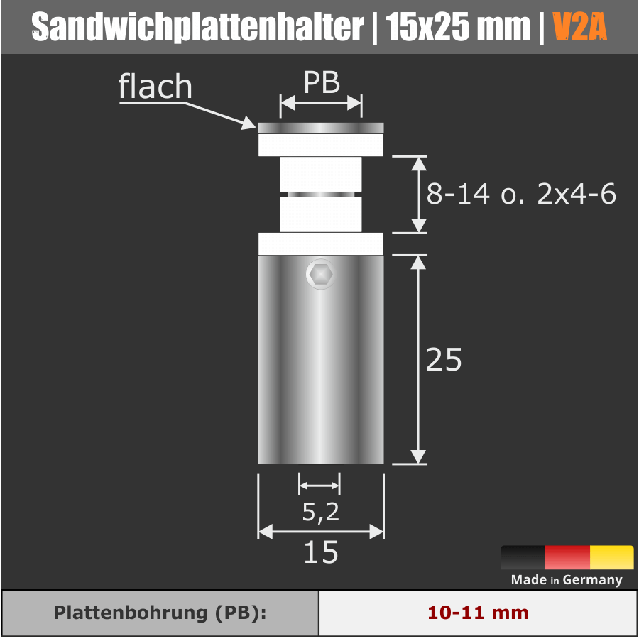 Sandwichplattenhalter V2A technische Zeichnung mit Maßen auf dunklem Hintergrund