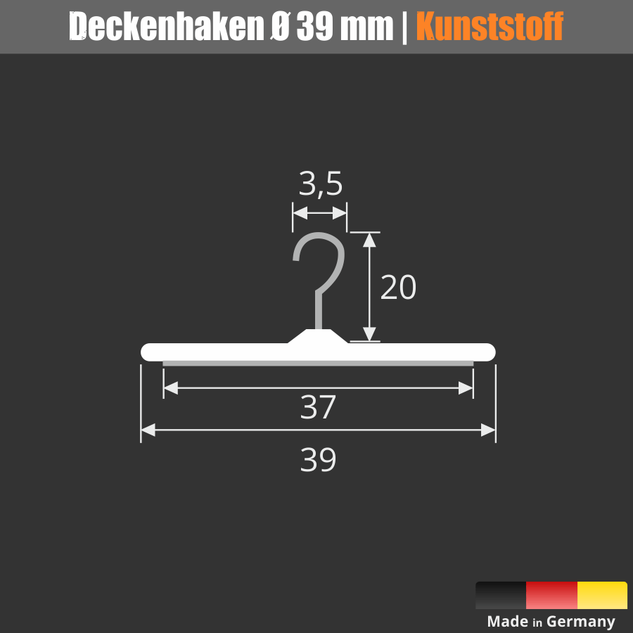 Selbstklebende Aufhänge mit Haken 39 mm | Kunststoff | bis 400 g klebend Skizze mit Maße